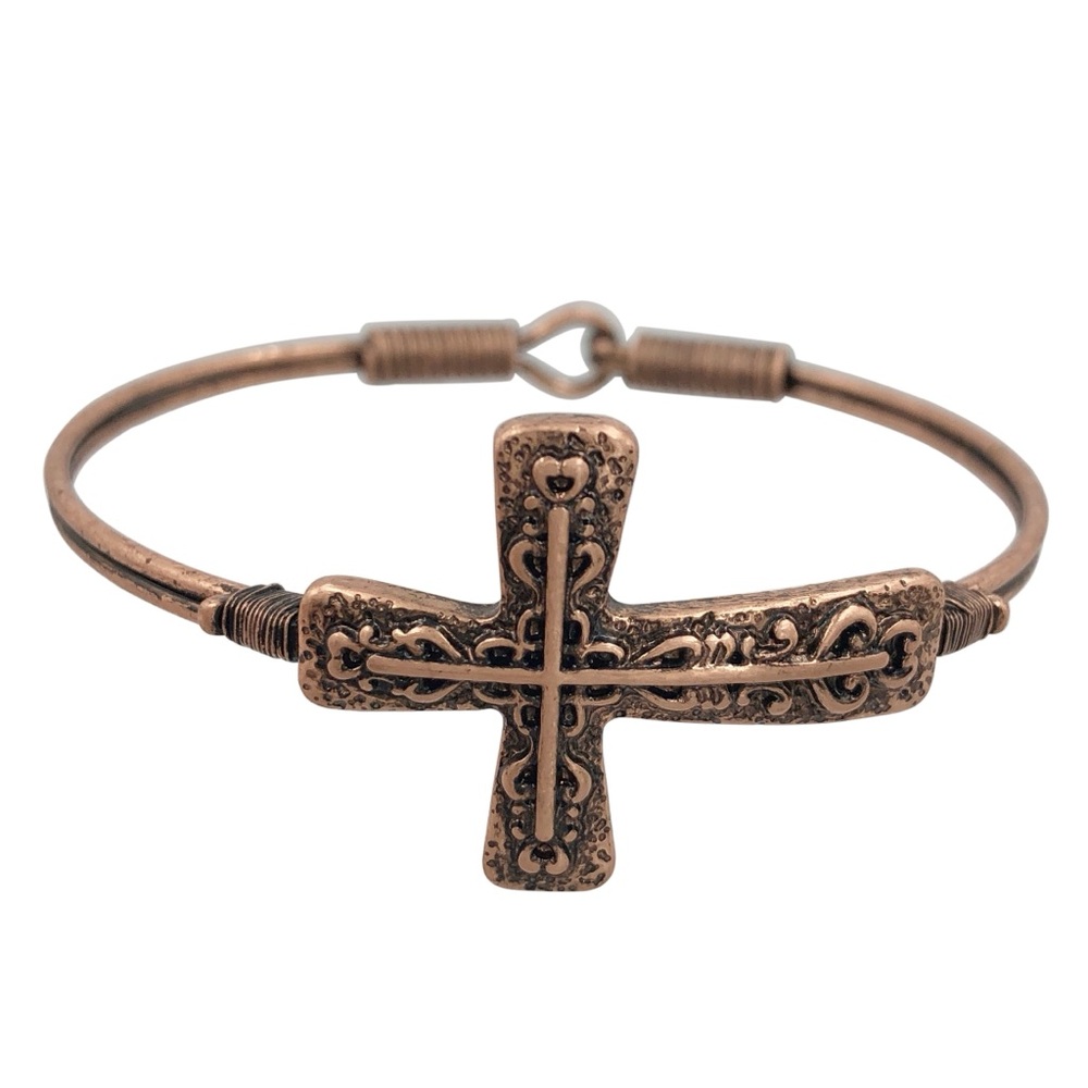 Sideways Cross Copper Tone Simple Hook Back Bangle Bracelet